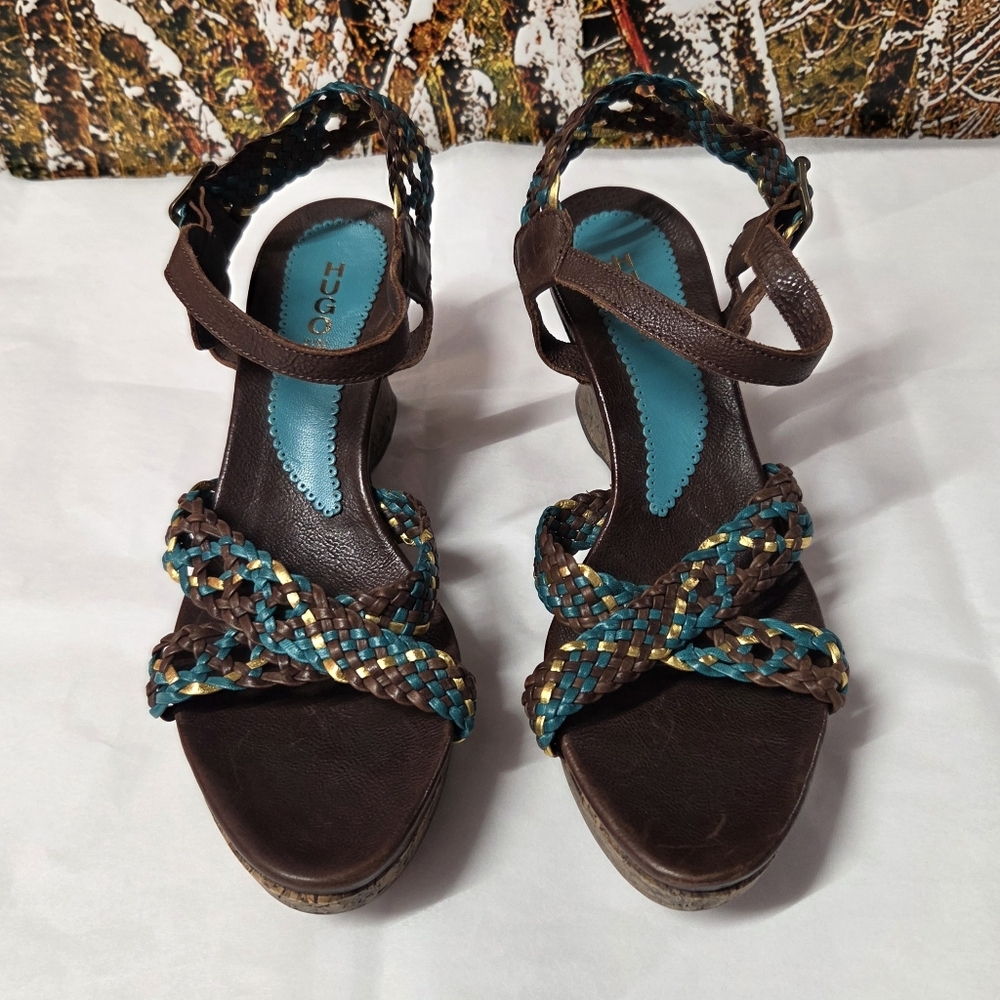 Hugo Boss Woven Leather Ankle Strap Wedge Sandals, Brown/Teal/Gold, 9 to 9.5